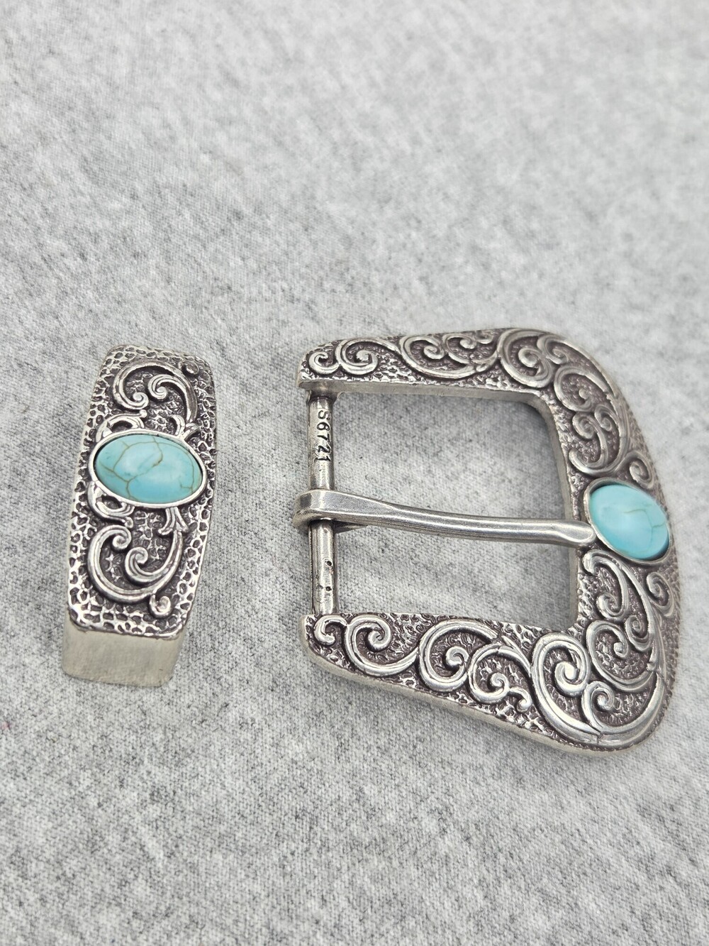 Vintage Western Belt Buckle Set Nickel Silver Turquoise Floral Engraved - Picture 4 of 7